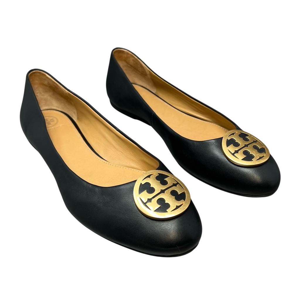 Tory Burch Black Ballet Flats Size 12 Leather with Gold Logo Emblem Shoes - Picture 3 of 13